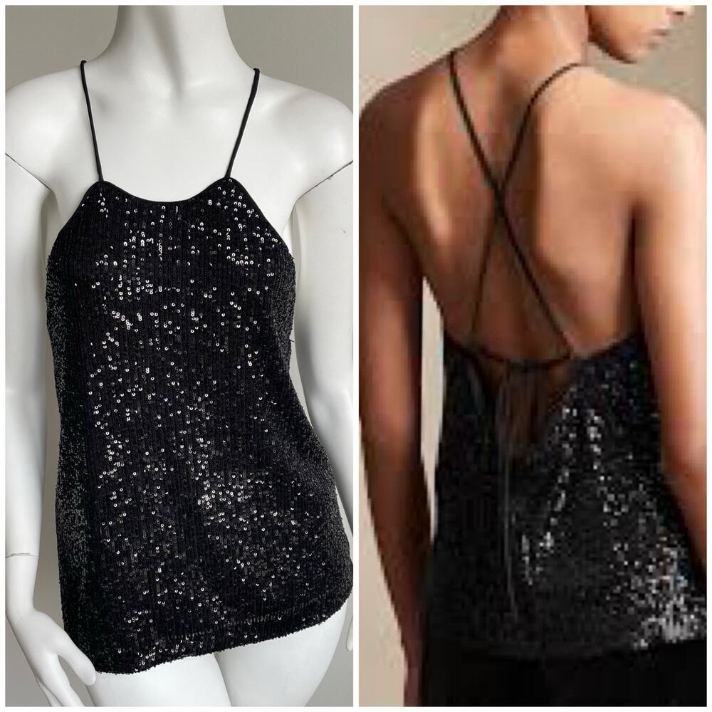 Banana Republic Black Sequins Tie Back Camisole Cocktail Evening Party Top Small